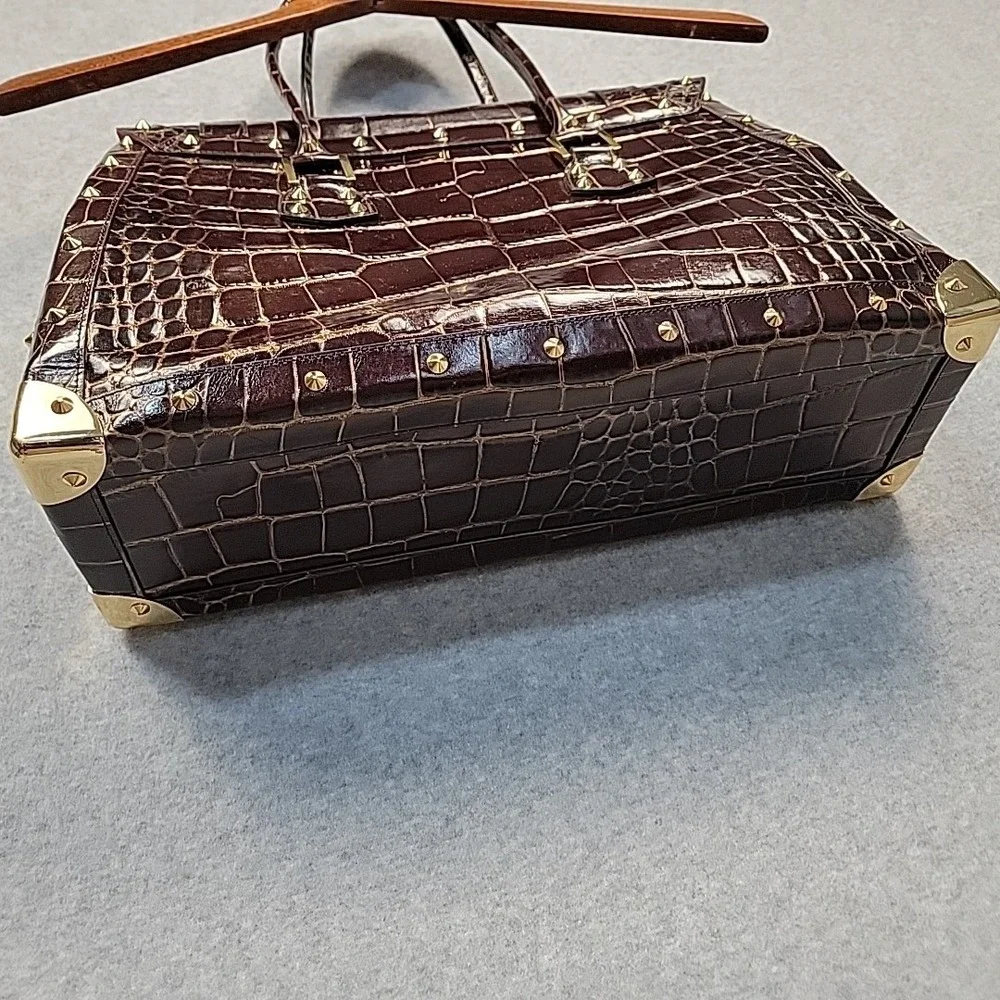 Vintage NORDSTROM Large Croco Embossed Leather Purse Hand Bag‎ Wine Gold Studded